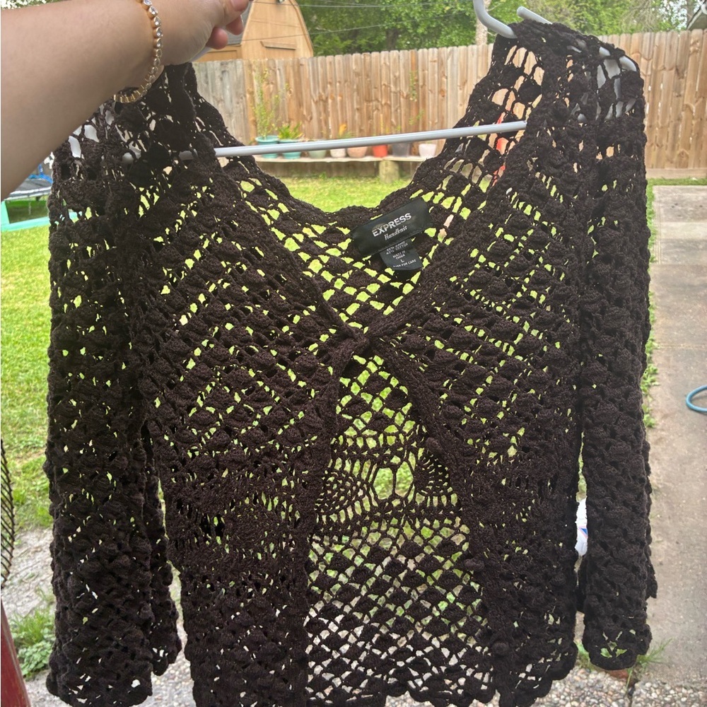 Express Brown Crochet Open-Knit V-Neck Sweater : Bohemian, Y2K, vintage
